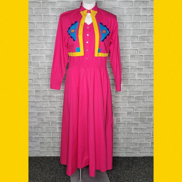 VTG Pink Southwest Maxi Western Dress with Attached Bolero Jacket, size Small - Picture 2 of 8